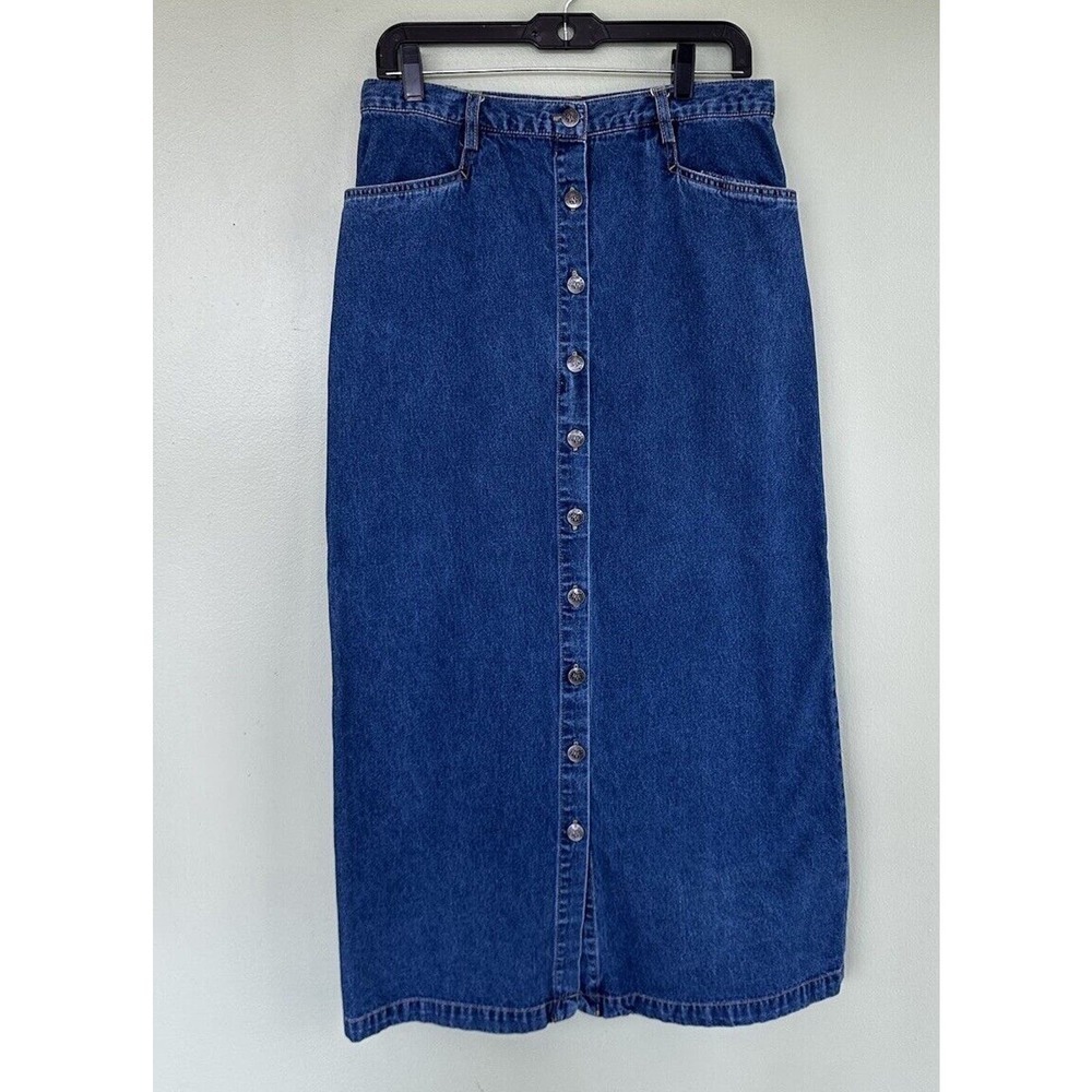 Vtg 90’s Denim Midi Skirt Size 10 Button Down Pockets Y2K Mid High Rise Jean